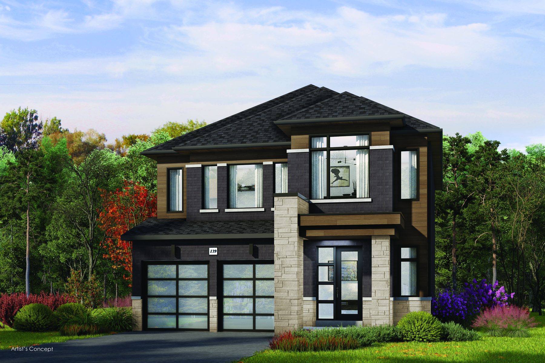 Oakridge Green two-story detached home exterior with dark siding and stone (artist's concept)