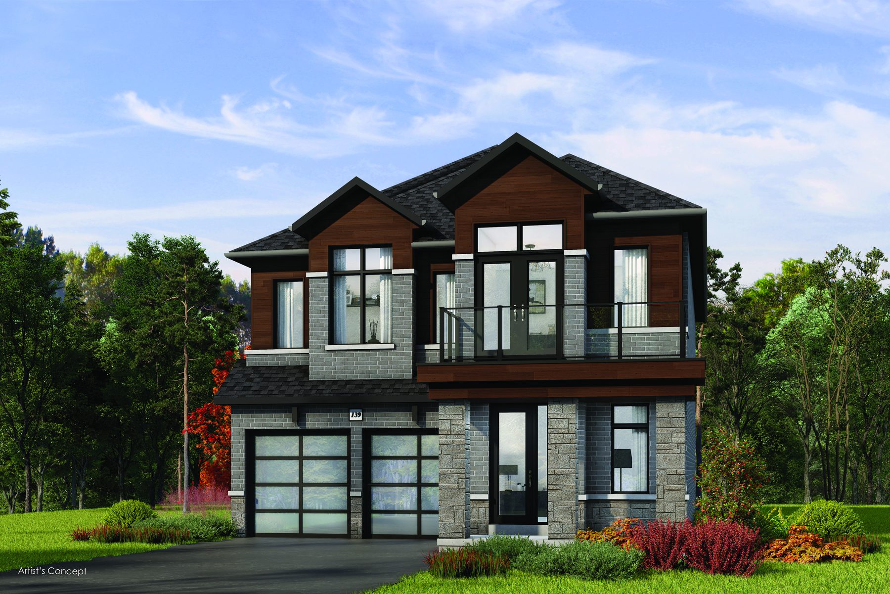 Oakridge Green detached home exterior featuring dark brick and a balcony (artist's concept)