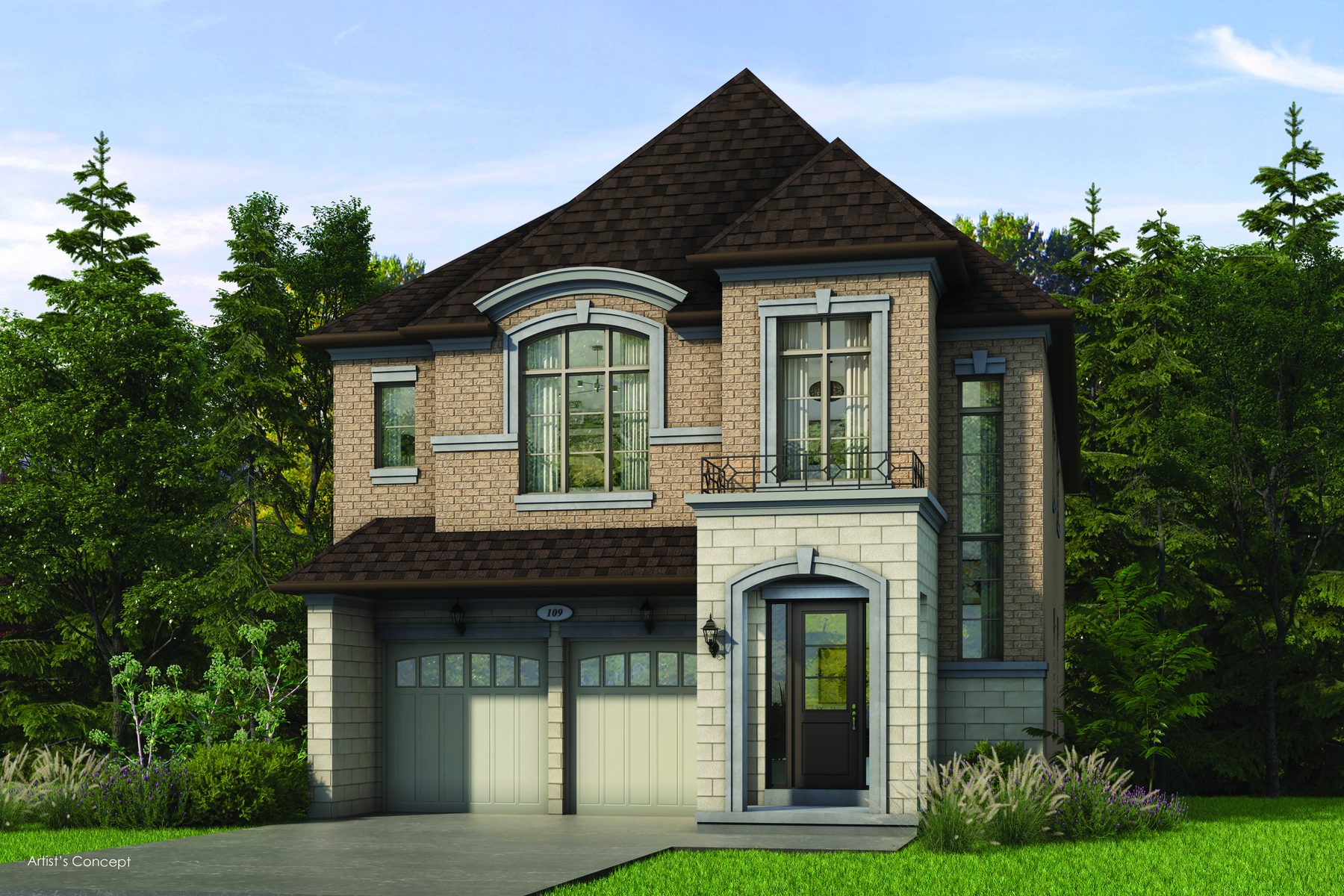 Oakridge Green detached home exterior with light brown brick and arched windows (artist's concept)