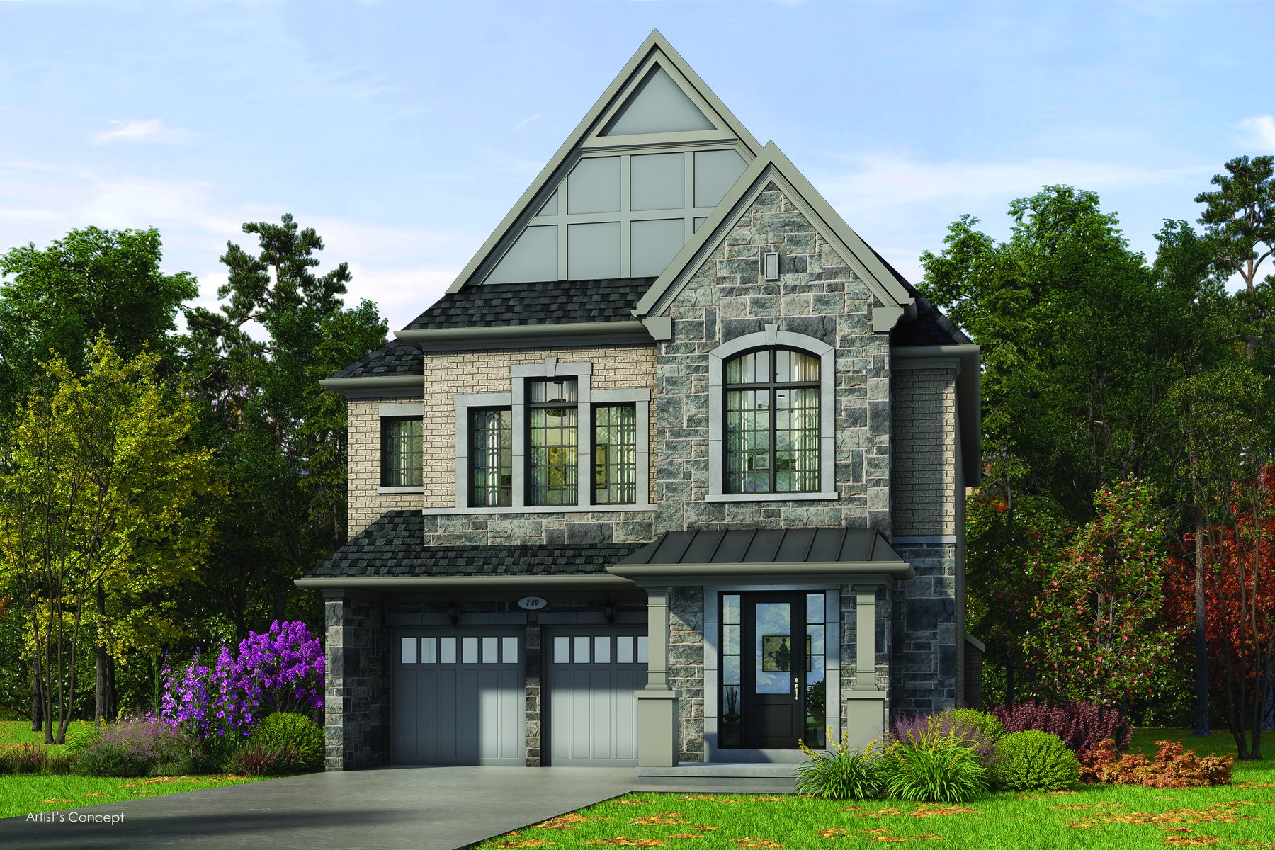 Oakridge Green detached home exterior featuring grey stone and peaked rooflines (artist's concept)