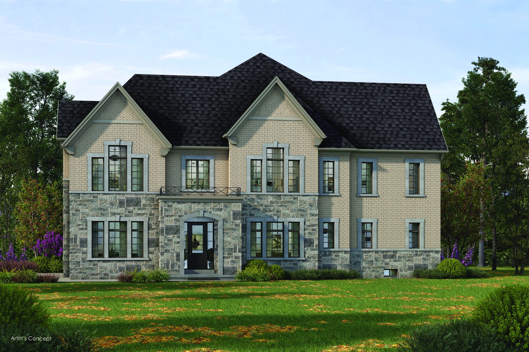 Oakridge Green wide detached home exterior with mixed grey stone and brick (artist's concept)