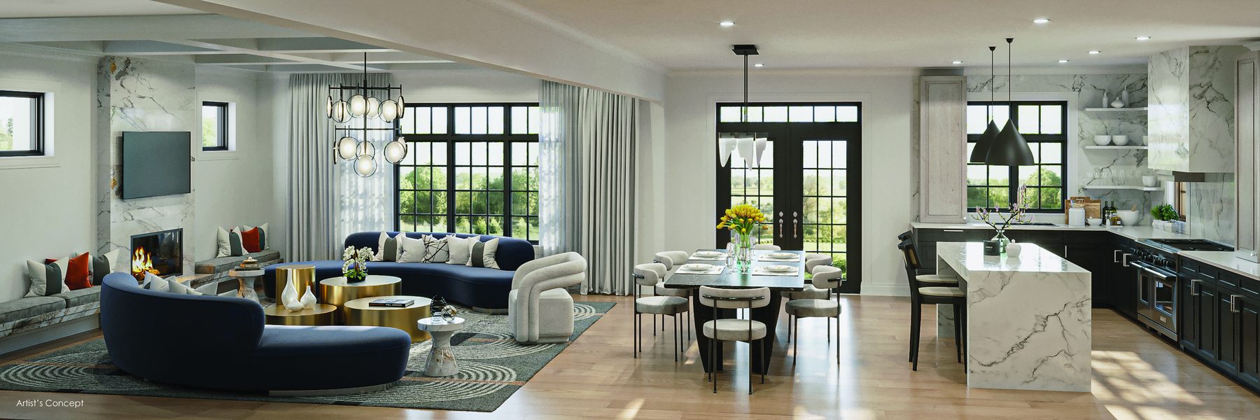 Oakridge Green interior showing open concept living room, dining area, and kitchen (artist's concept)