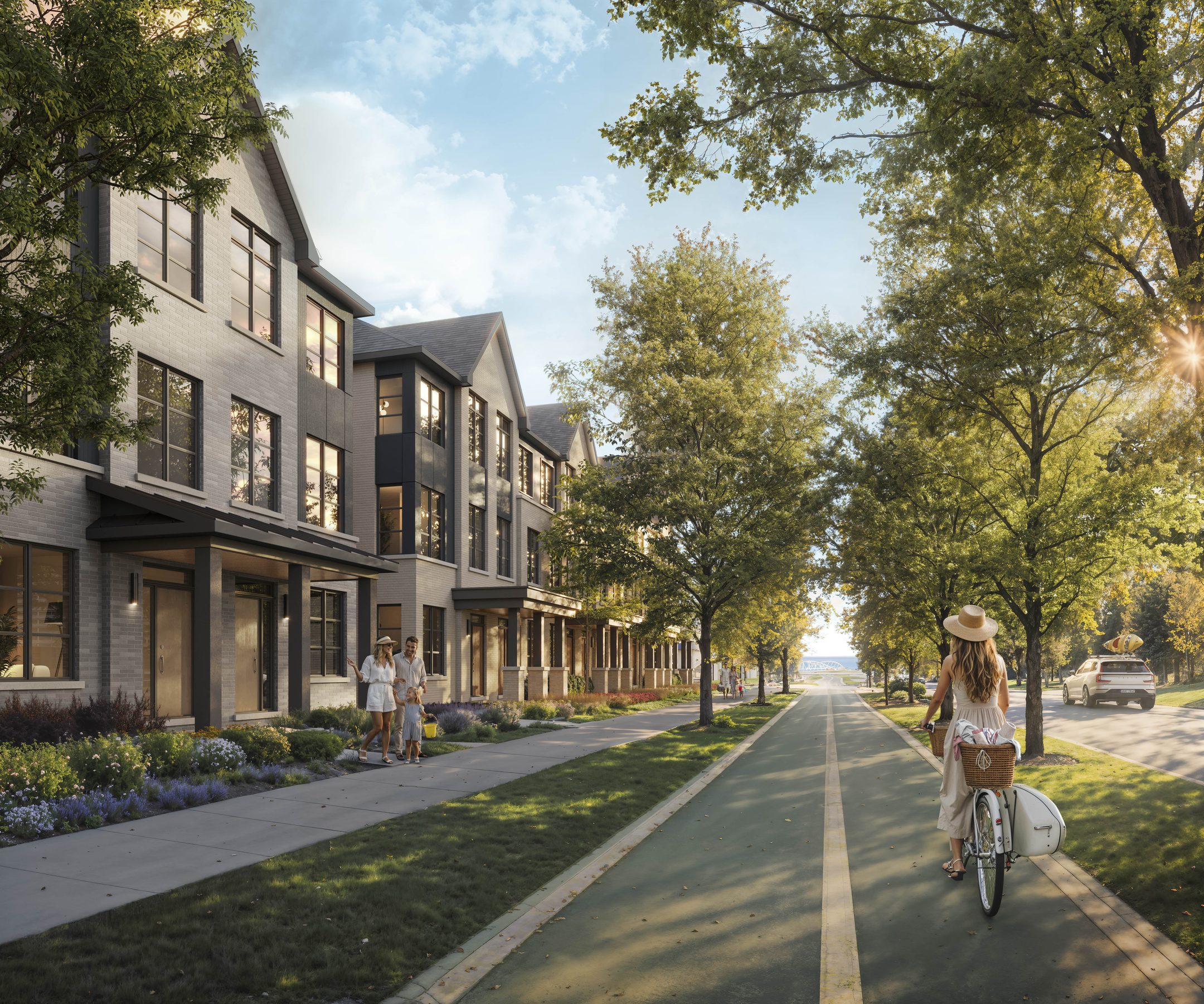 Pier House Townhomes streetscape featuring townhouses, trees, and a paved bike lane (artist's concept)