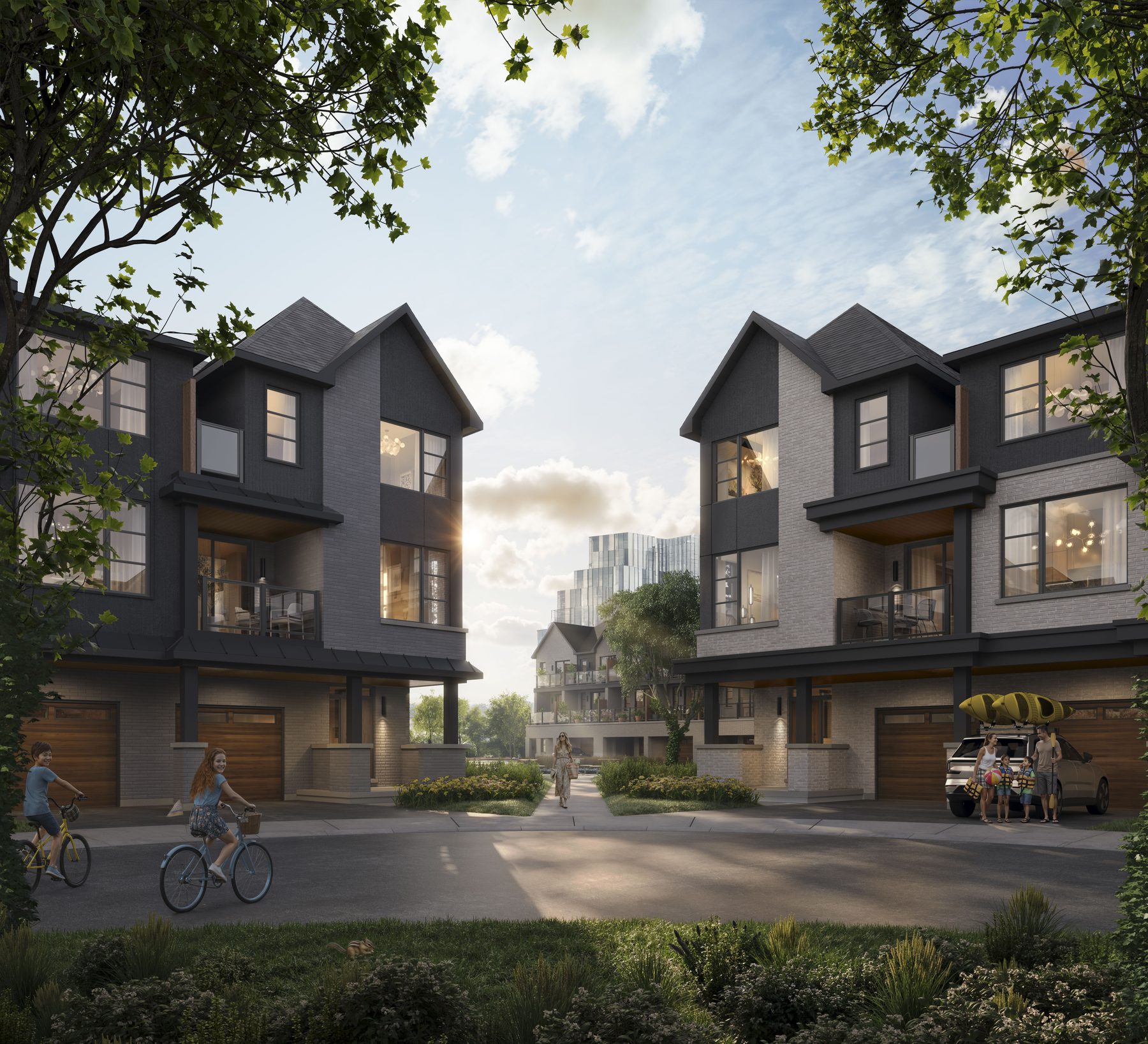 Pier House Townhomes exterior showing modern townhouses, driveways, and people with bicycles (artist's concept)