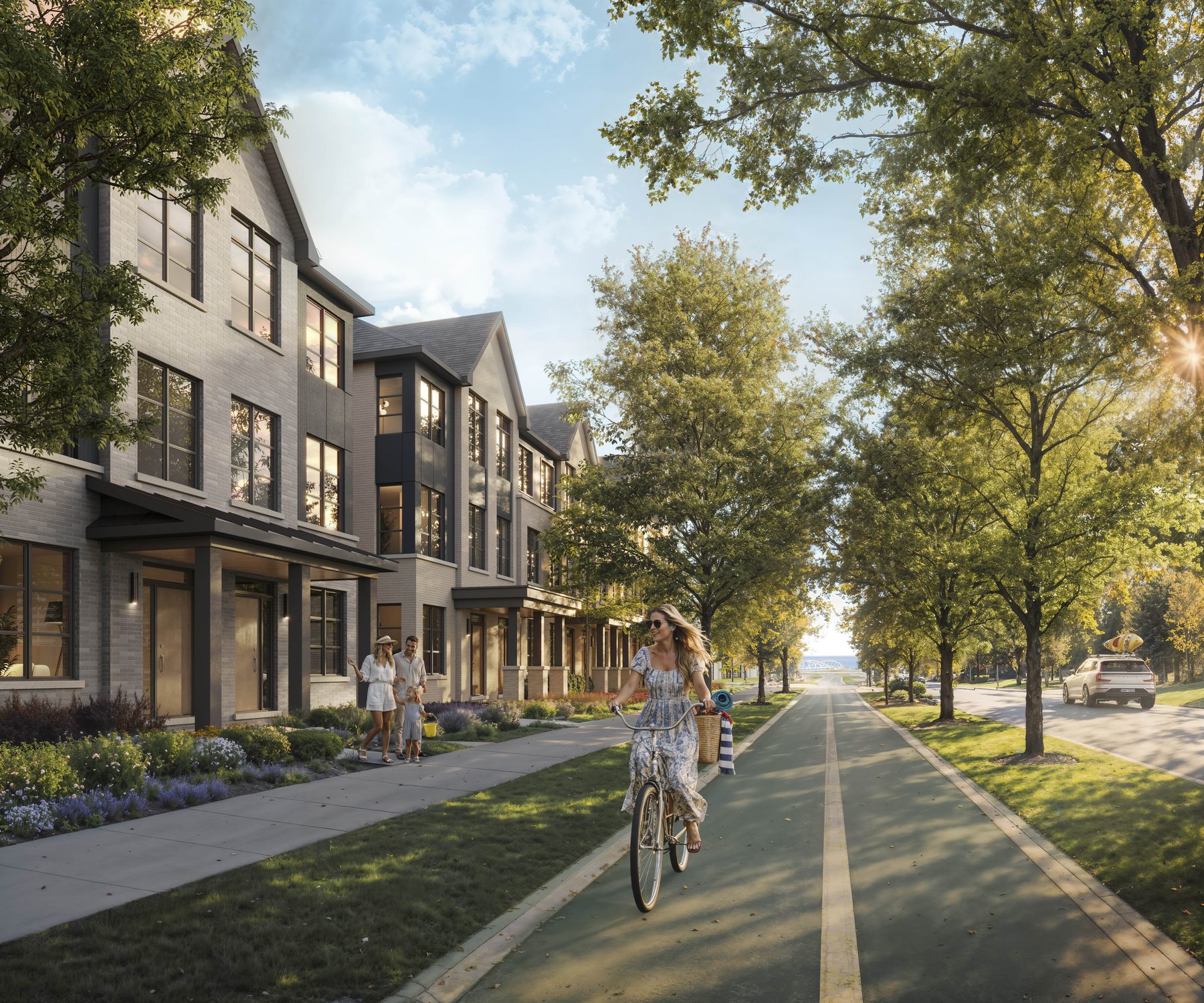 Pier House Townhomes streetscape with townhouses, trees, and a person riding a bicycle (artist's concept)