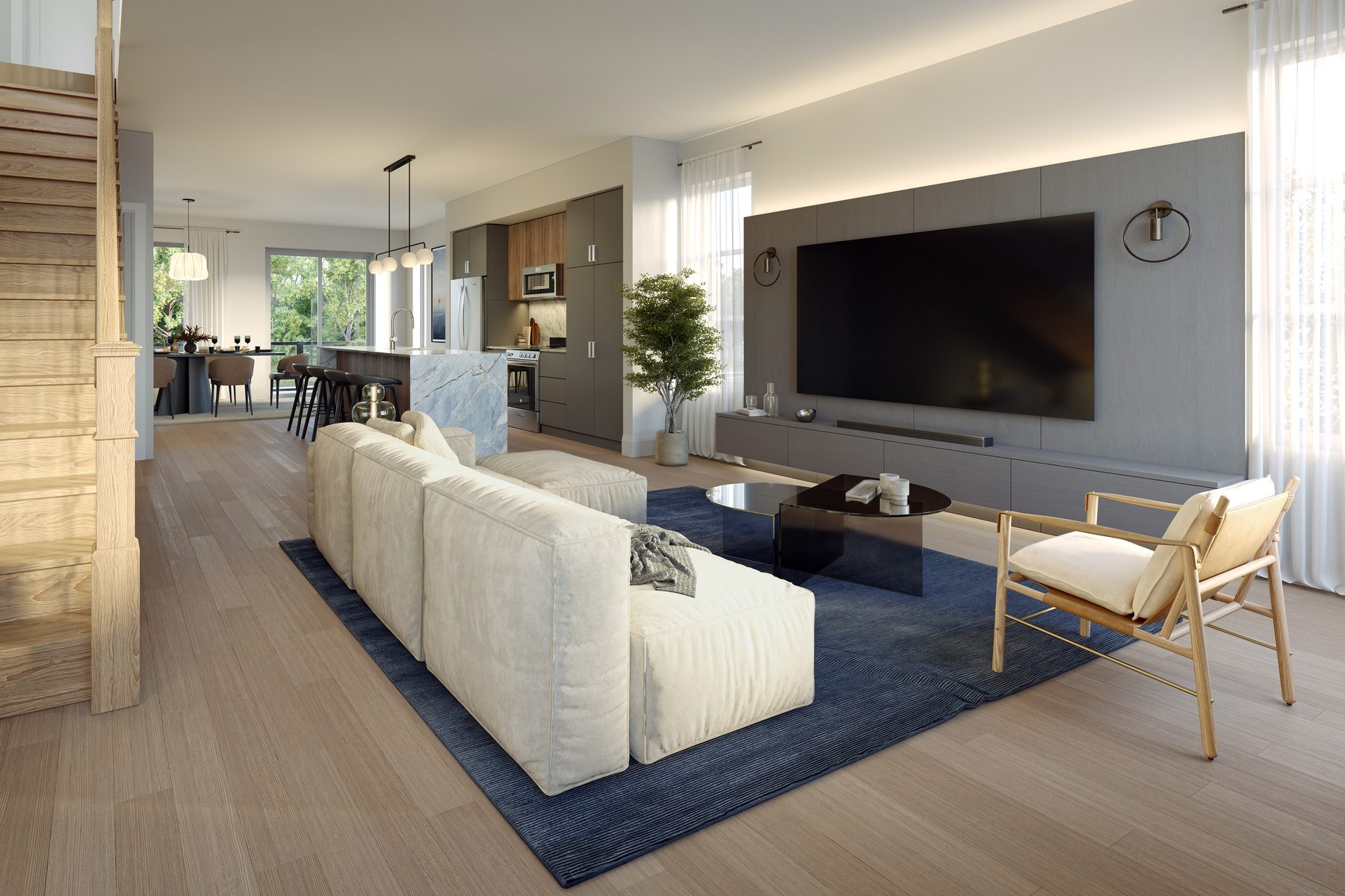 Pier House Townhomes interior living room with a sofa, rug, and television (artist's concept)