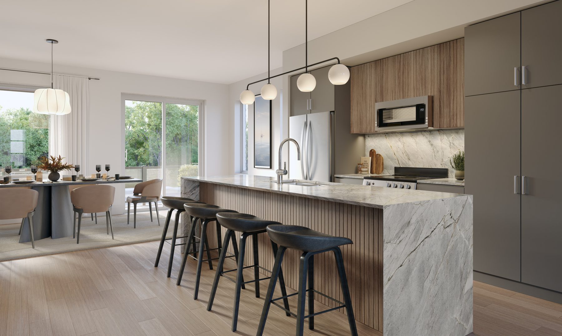 Pier House Townhomes kitchen with an island, bar stools, and a dining area (artist's concept)
