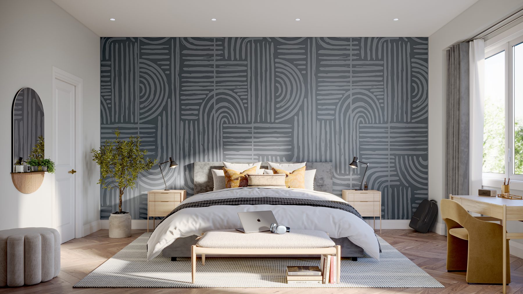 Pier House Townhomes bedroom featuring a bed and a patterned feature wall (artist's concept)