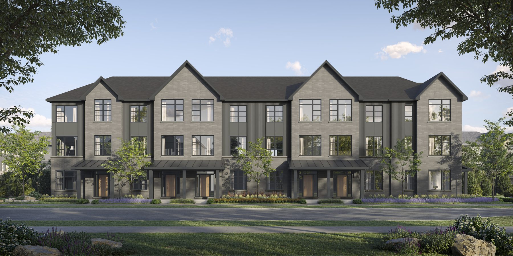 Pier House Townhomes front exterior elevation of a multi-unit townhouse building (artist's concept)
