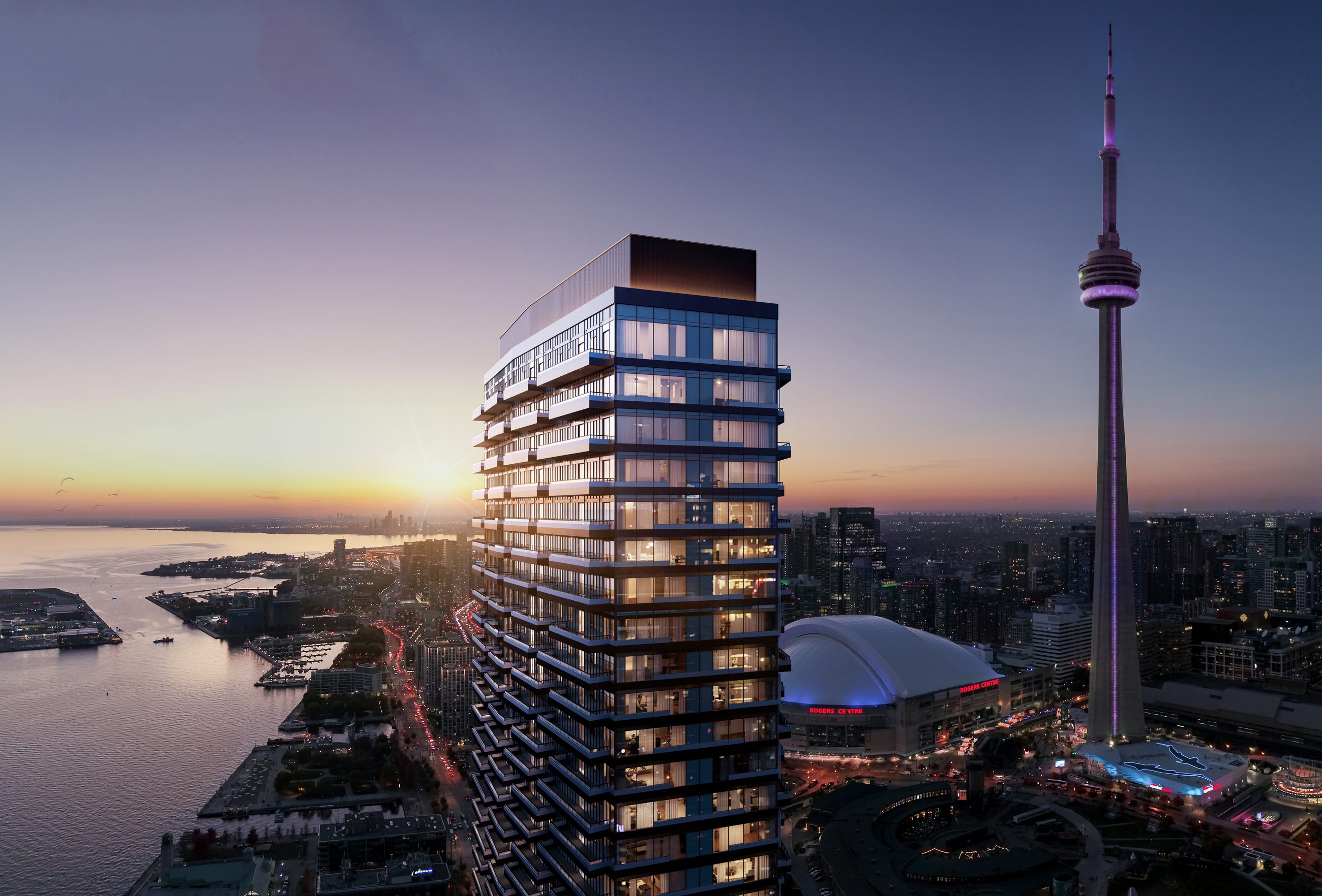 Q Tower exterior at dusk near the CN Tower and waterfront (artist's concept)