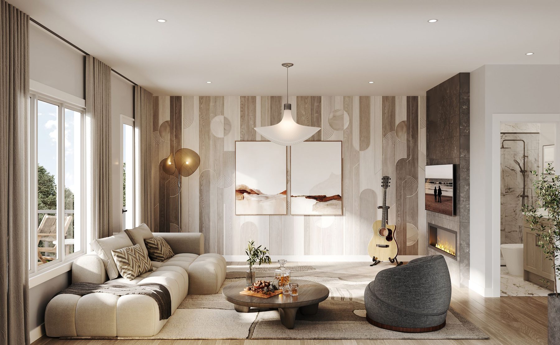 Summer Valley living room with sofa, textured accent wall, and fireplace (artist's concept)