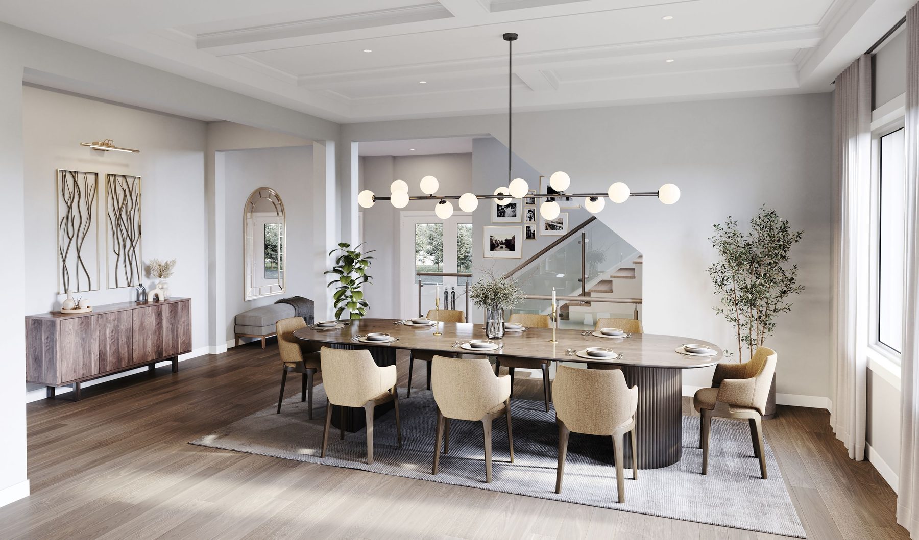 Summer Valley dining room with long table and modern chandelier (artist's concept)