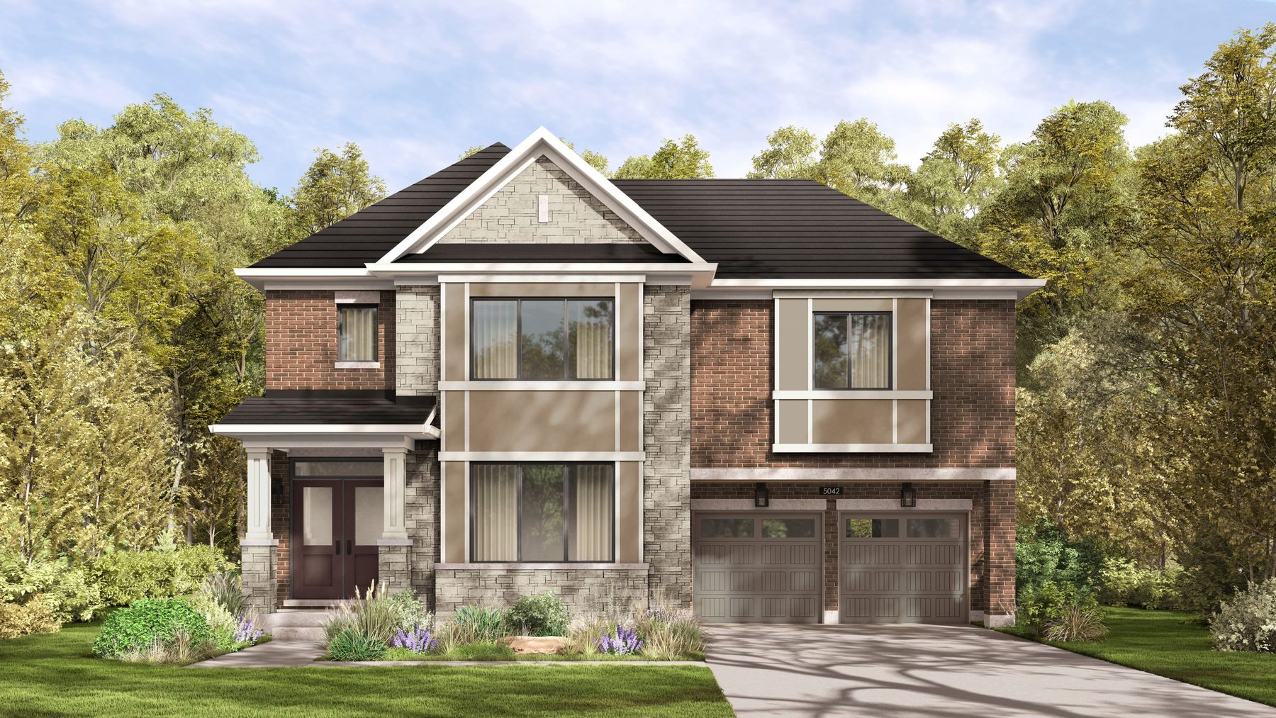 Summer Valley reddish-brown brick house exterior with double garage (artist's concept)