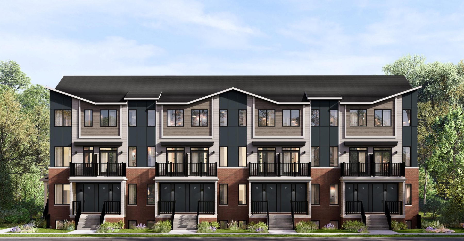 Summit Series multi-unit townhouse exterior with brick base and dark siding (artist's concept)