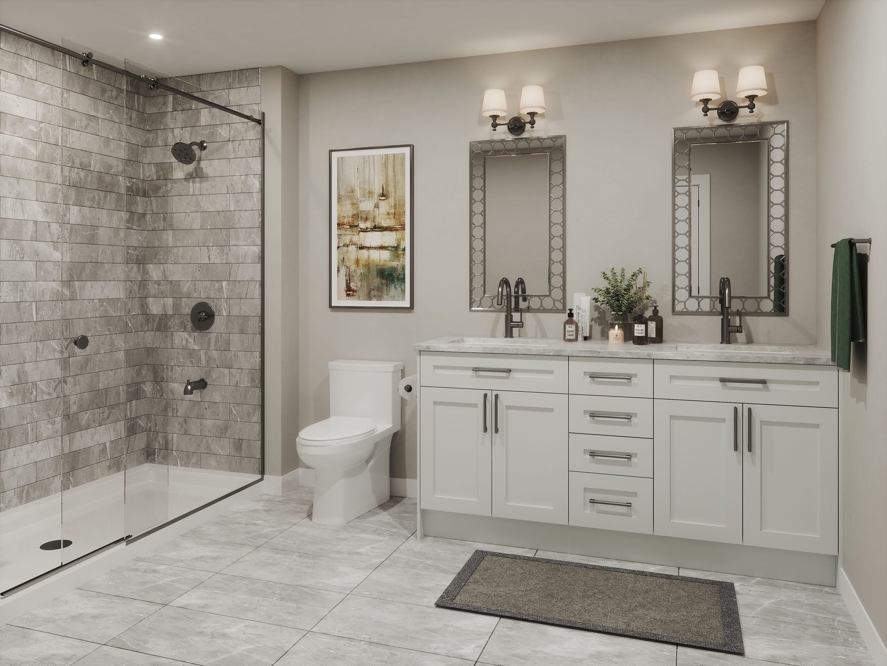 Summit Series bathroom featuring a double vanity and glass-enclosed shower (artist's concept)