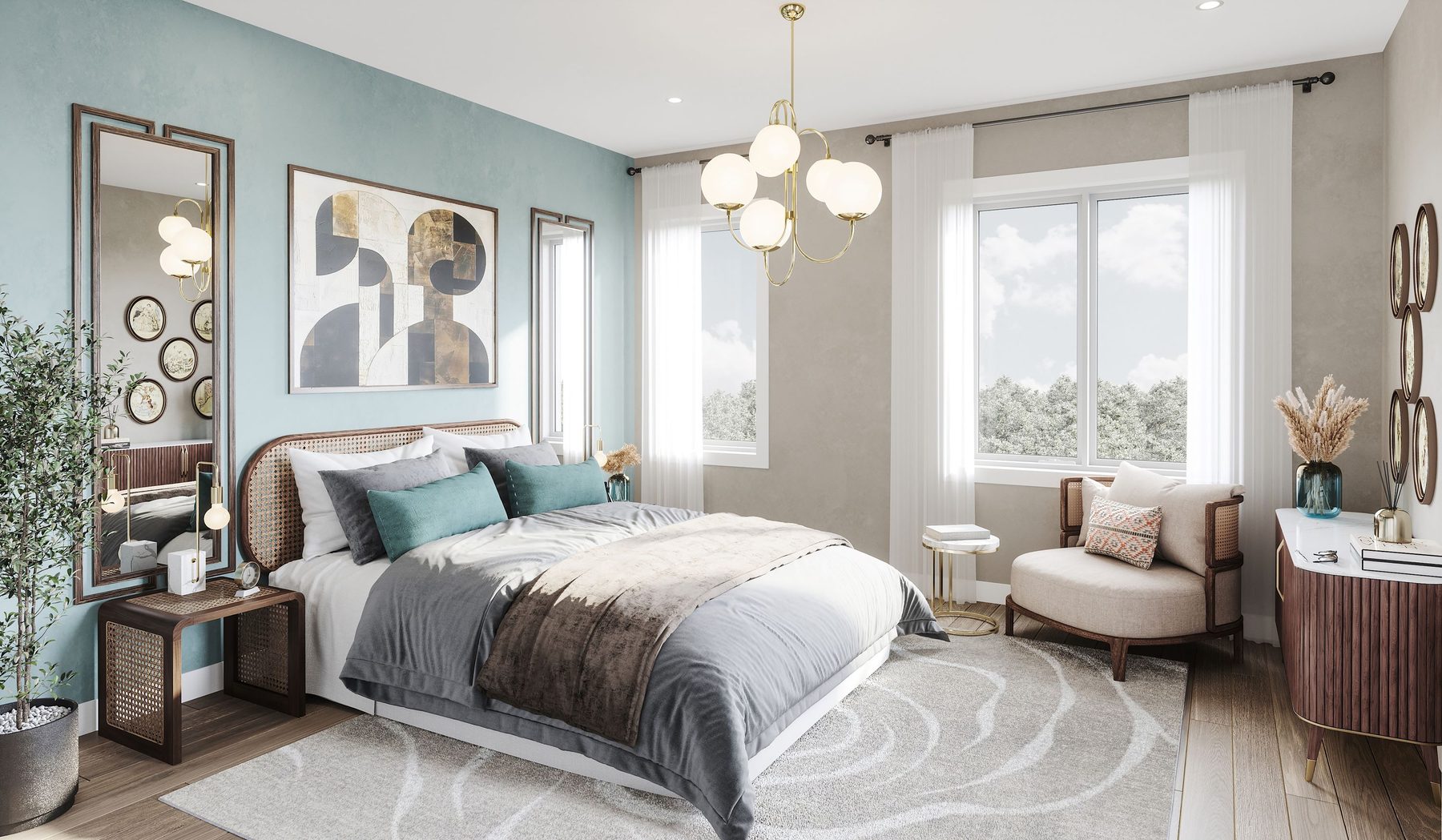 Summit Series bedroom with a bed, armchair, and light blue accent wall (artist's concept)