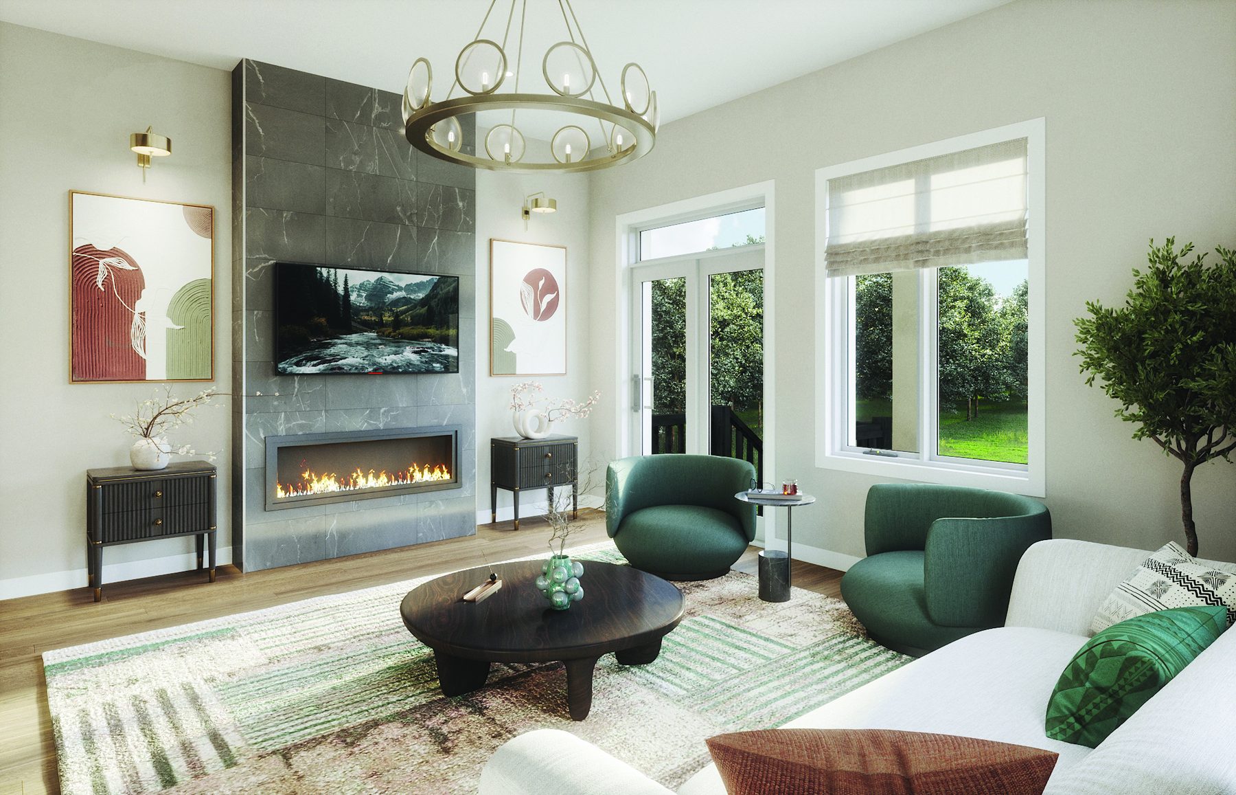 Summit Series living room featuring a fireplace, green armchairs, and white sofa (artist's concept)