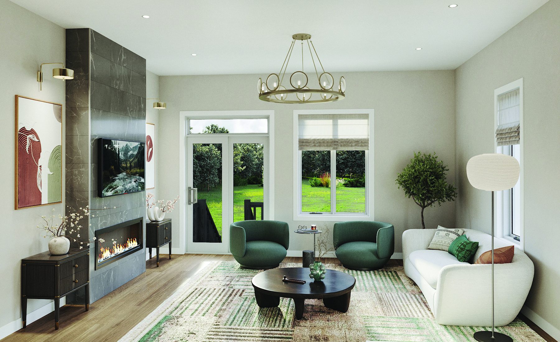 Summit Series living room wide view with a fireplace and green seating (artist's concept)