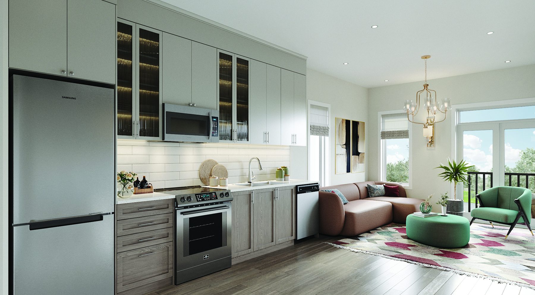 Summit Series kitchen with grey cabinets, stainless appliances, and open living area (artist's concept)