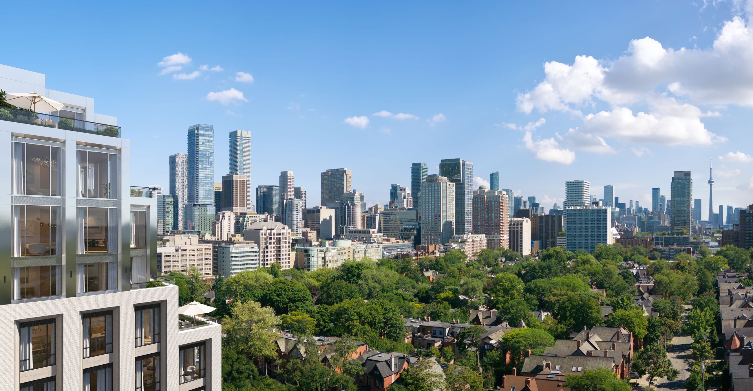 The Bedford exterior view of the building against the city skyline (artist's concept)