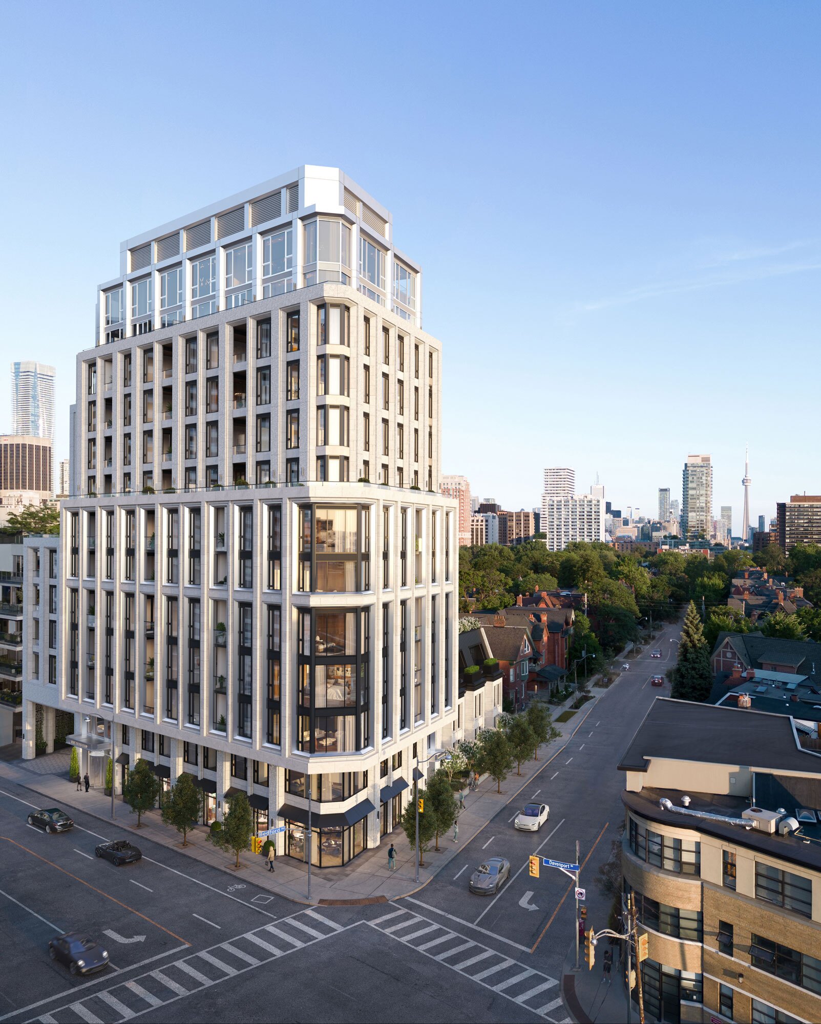 The Bedford exterior view of the mid-rise building at an intersection (artist's concept)