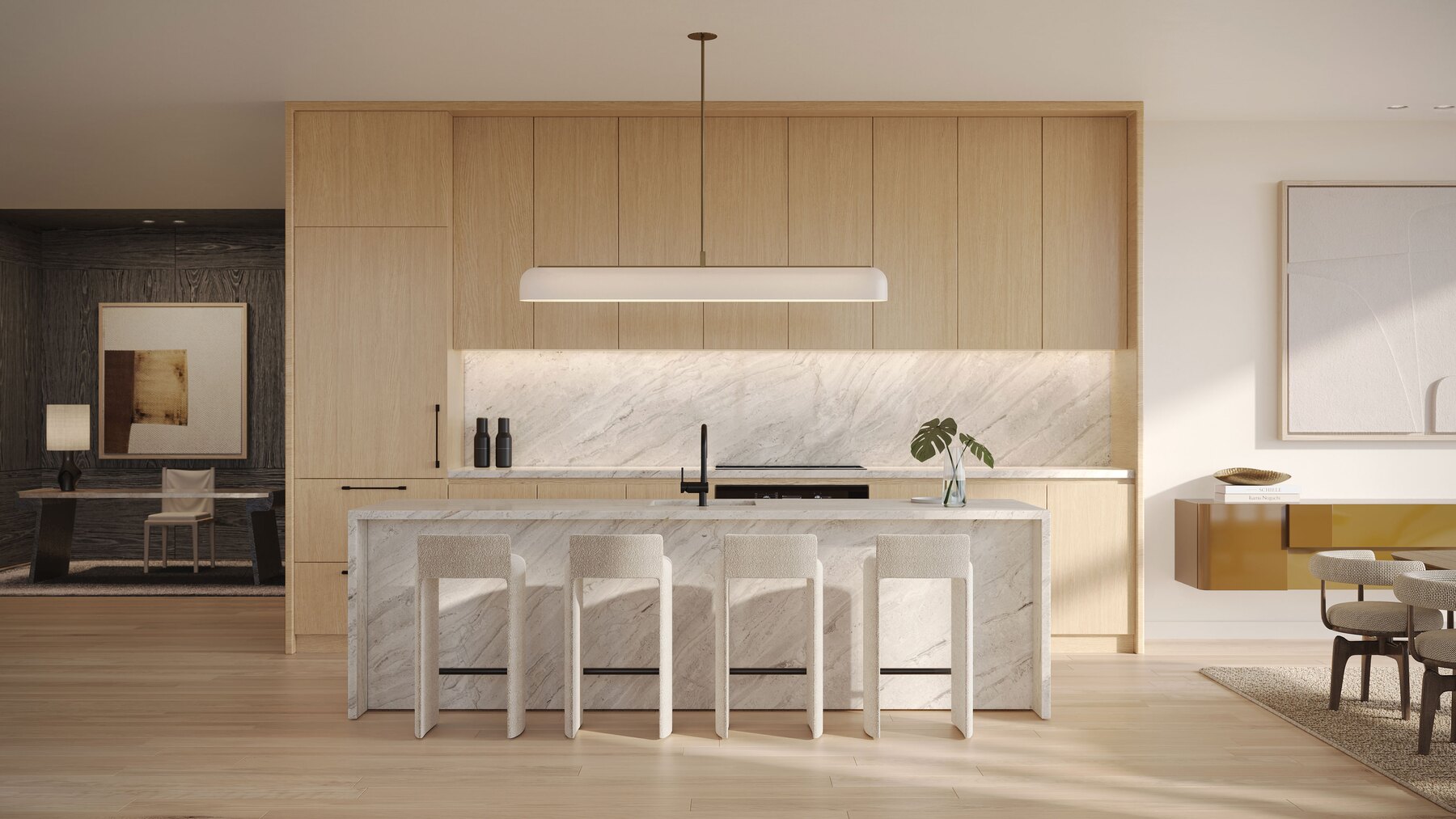 The Bedford kitchen with a marble island and light wood cabinetry (artist's concept)
