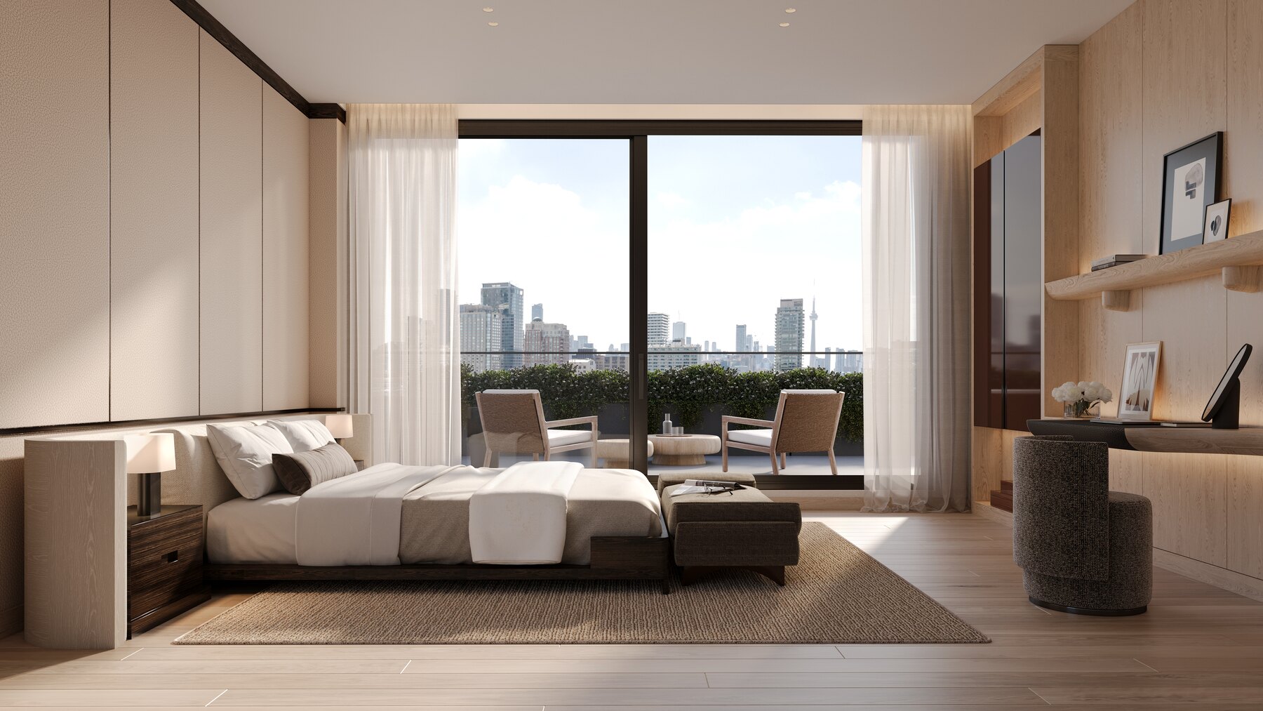 The Bedford bedroom with a bed, seating area, and balcony access (artist's concept)