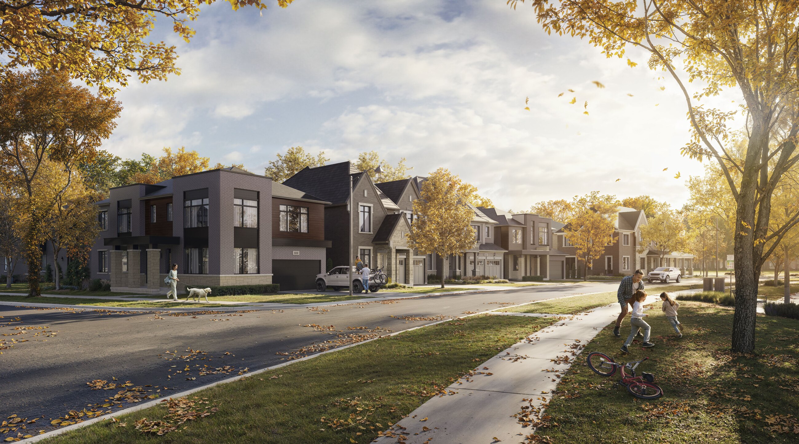Union Village streetscape with detached homes and people walking in autumn (artist's concept)