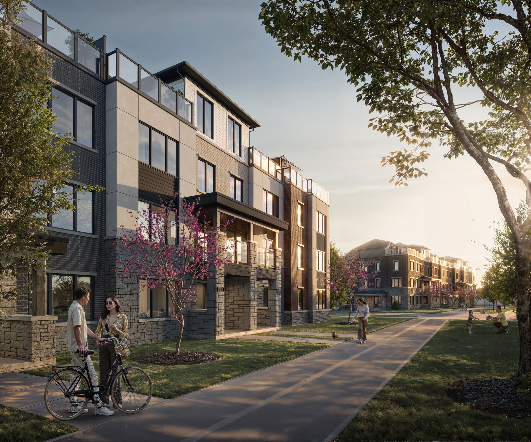 Union Village exterior view of townhomes with people walking and cycling (artist's concept)