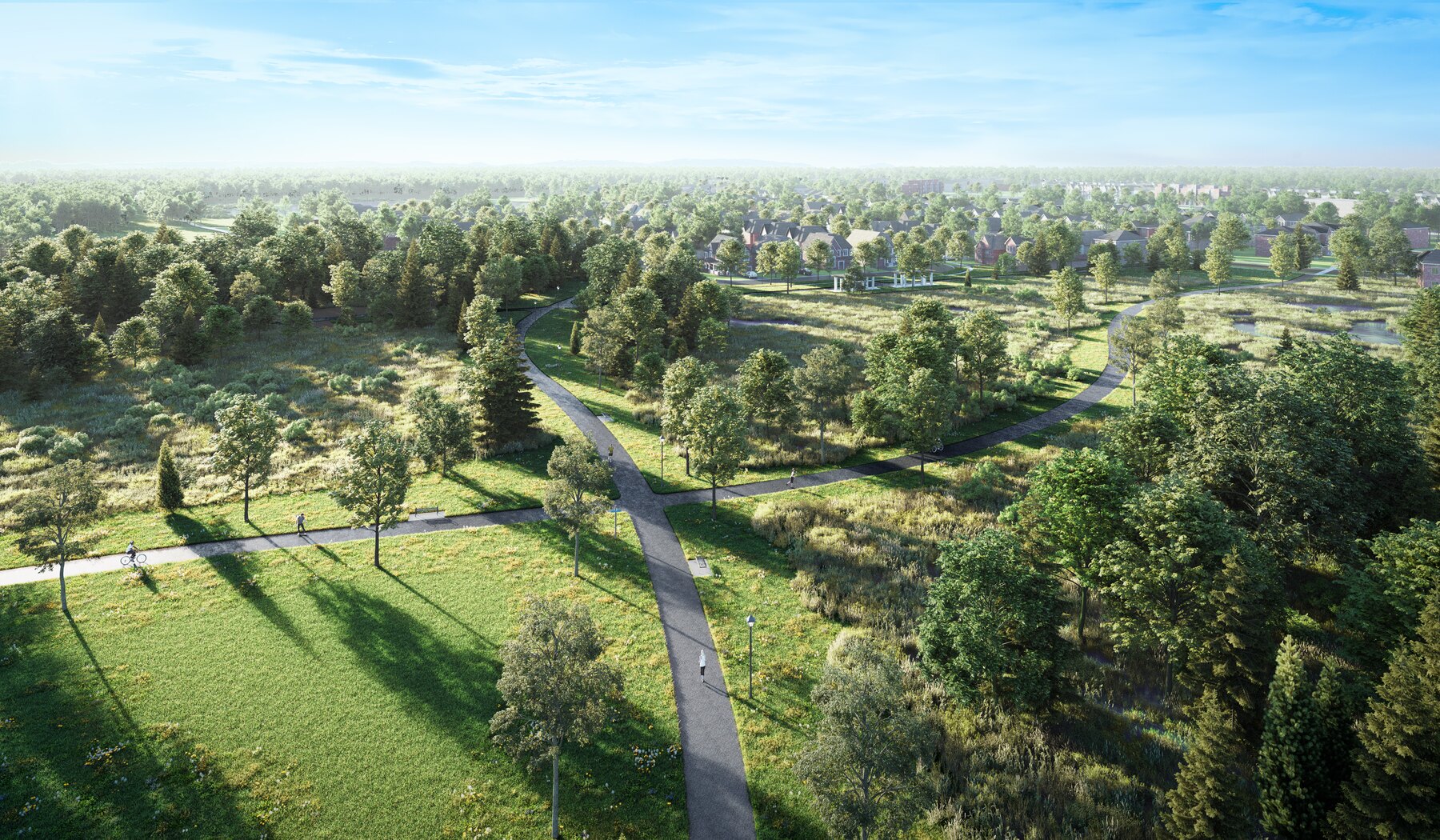 Union Village aerial view of a park with walking trails and surrounding homes (artist's concept)