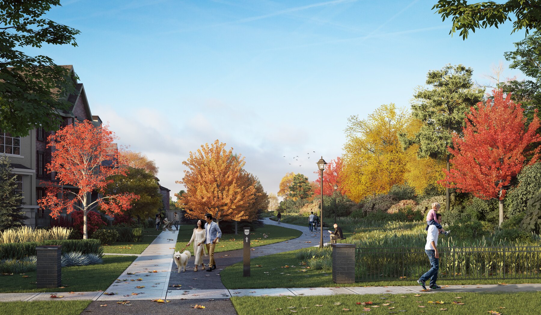 Union Village walking trail with people and autumn trees (artist's concept)