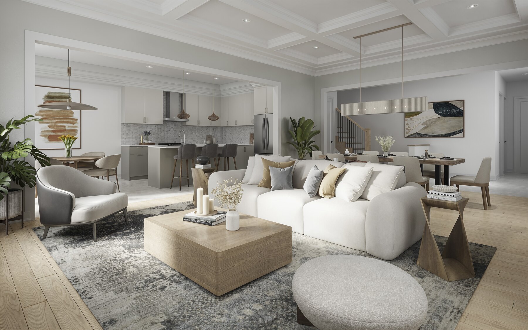Union Village open concept living room and kitchen with white sofa and island (artist's concept)