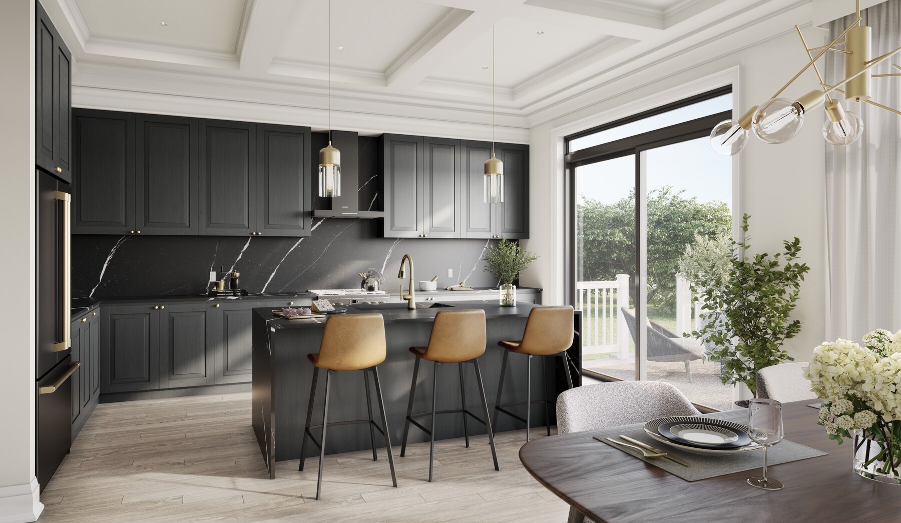 Union Village kitchen with dark cabinetry, island, and dining table (artist's concept)