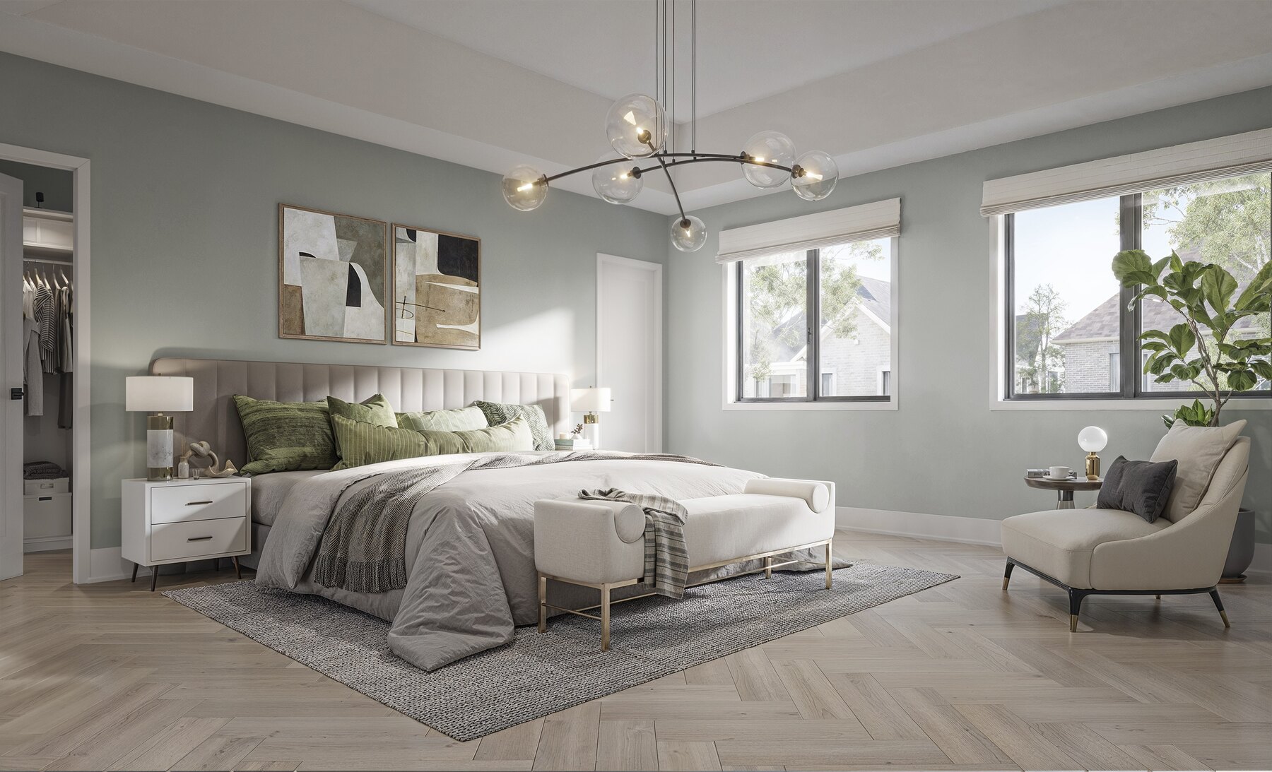 Union Village bedroom with a large bed, bench, and armchair (artist's concept)