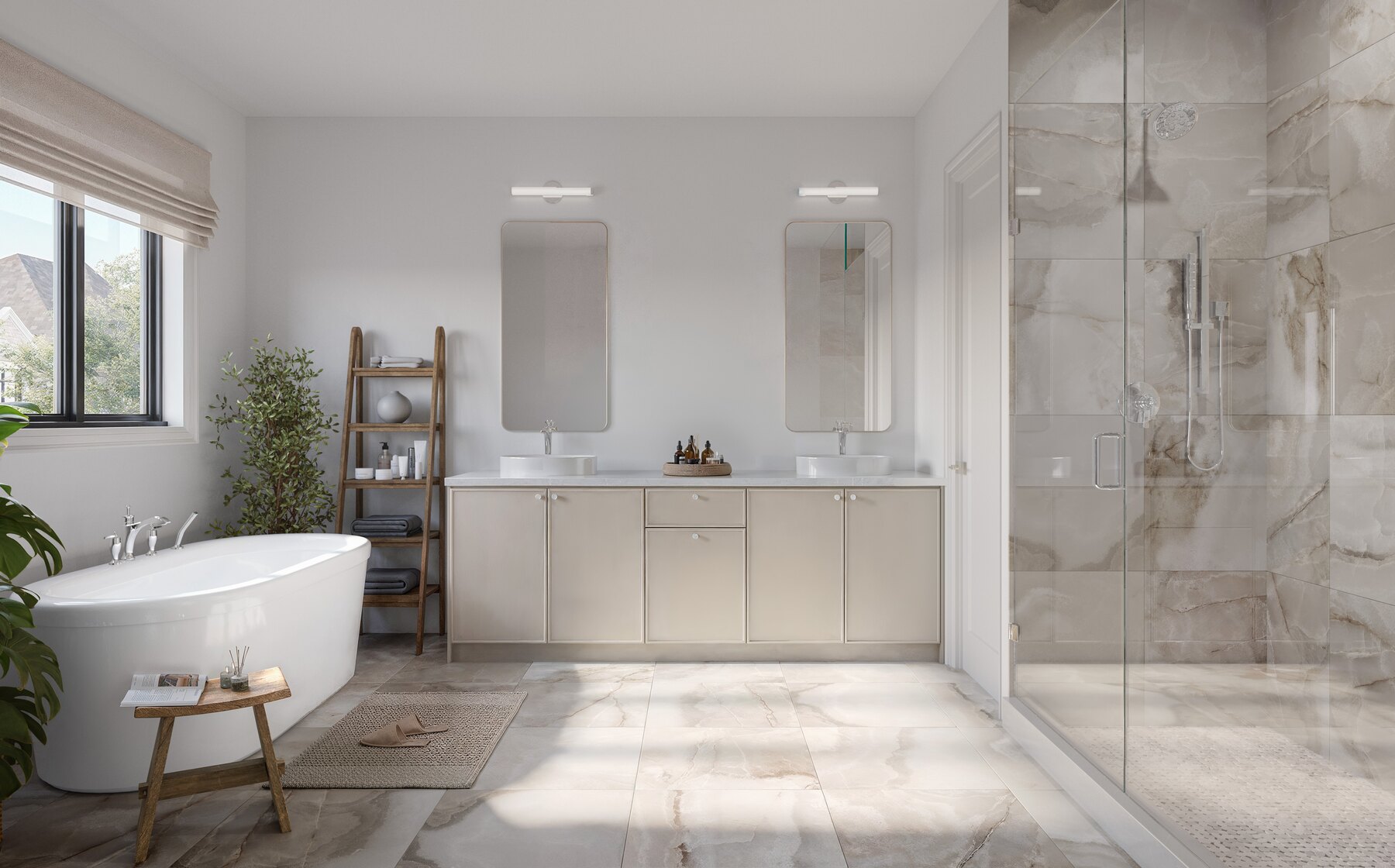 Union Village bathroom with a freestanding tub, double vanity, and glass shower (artist's concept)
