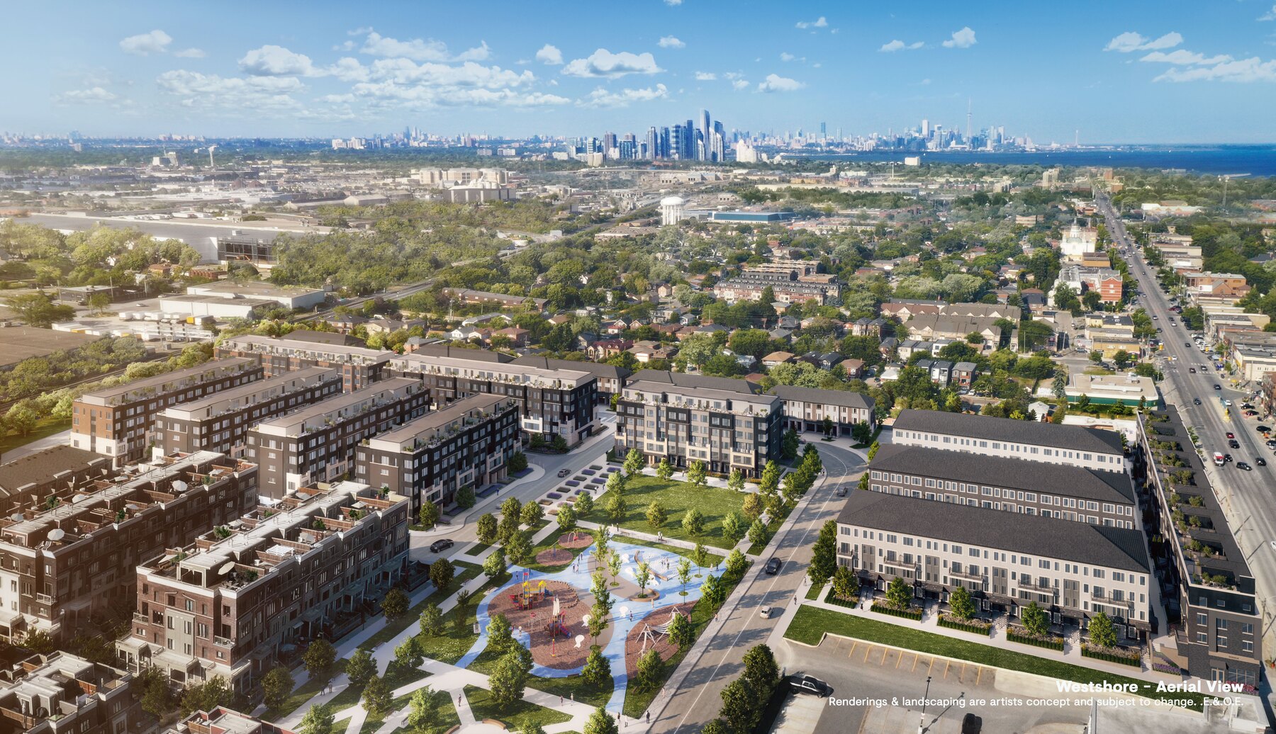 Westshore aerial view of the community and surrounding neighborhood with city skyline (artist's concept)