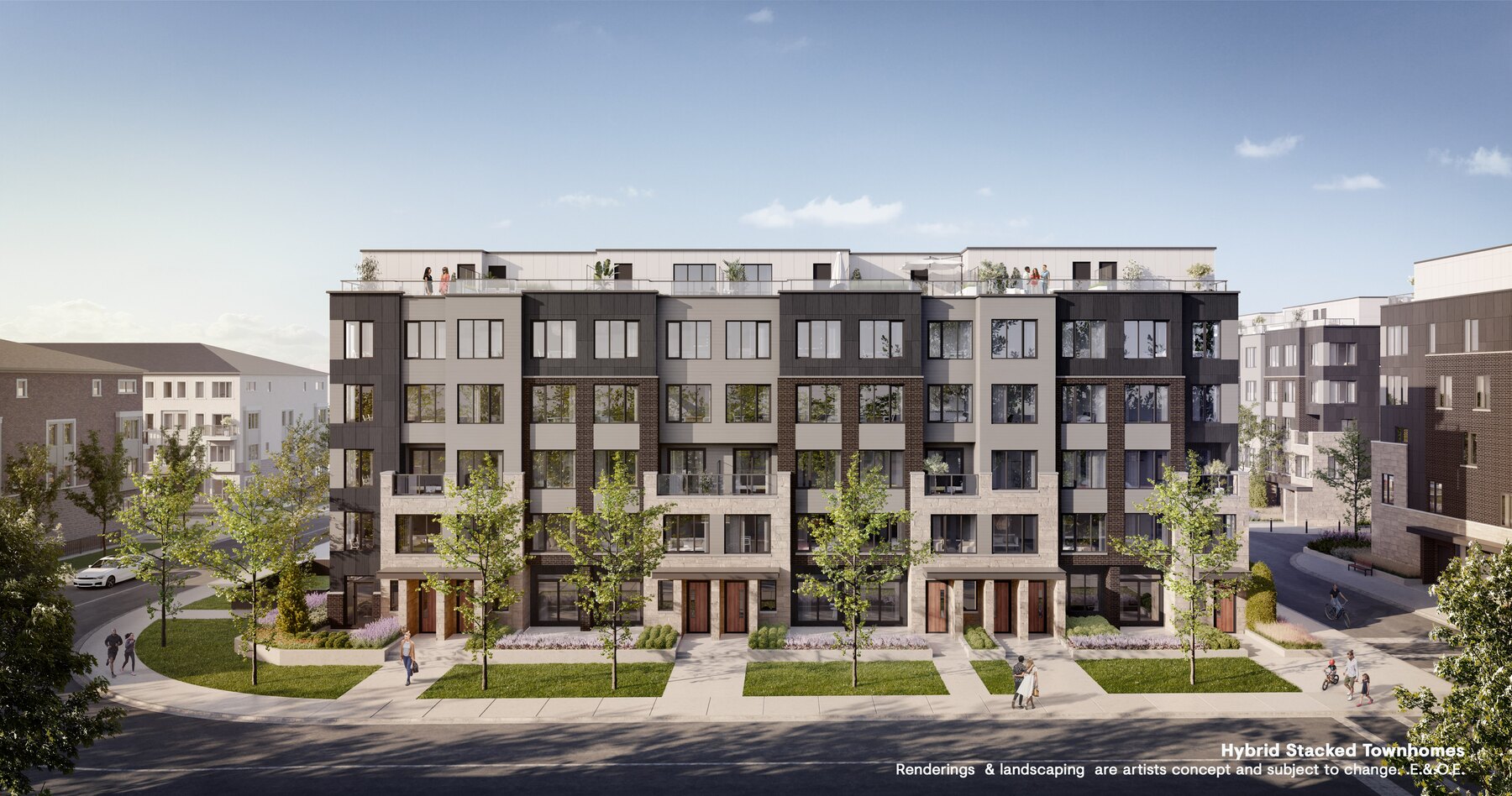 Westshore exterior streetscape of stacked townhomes with landscaping (artist's concept)