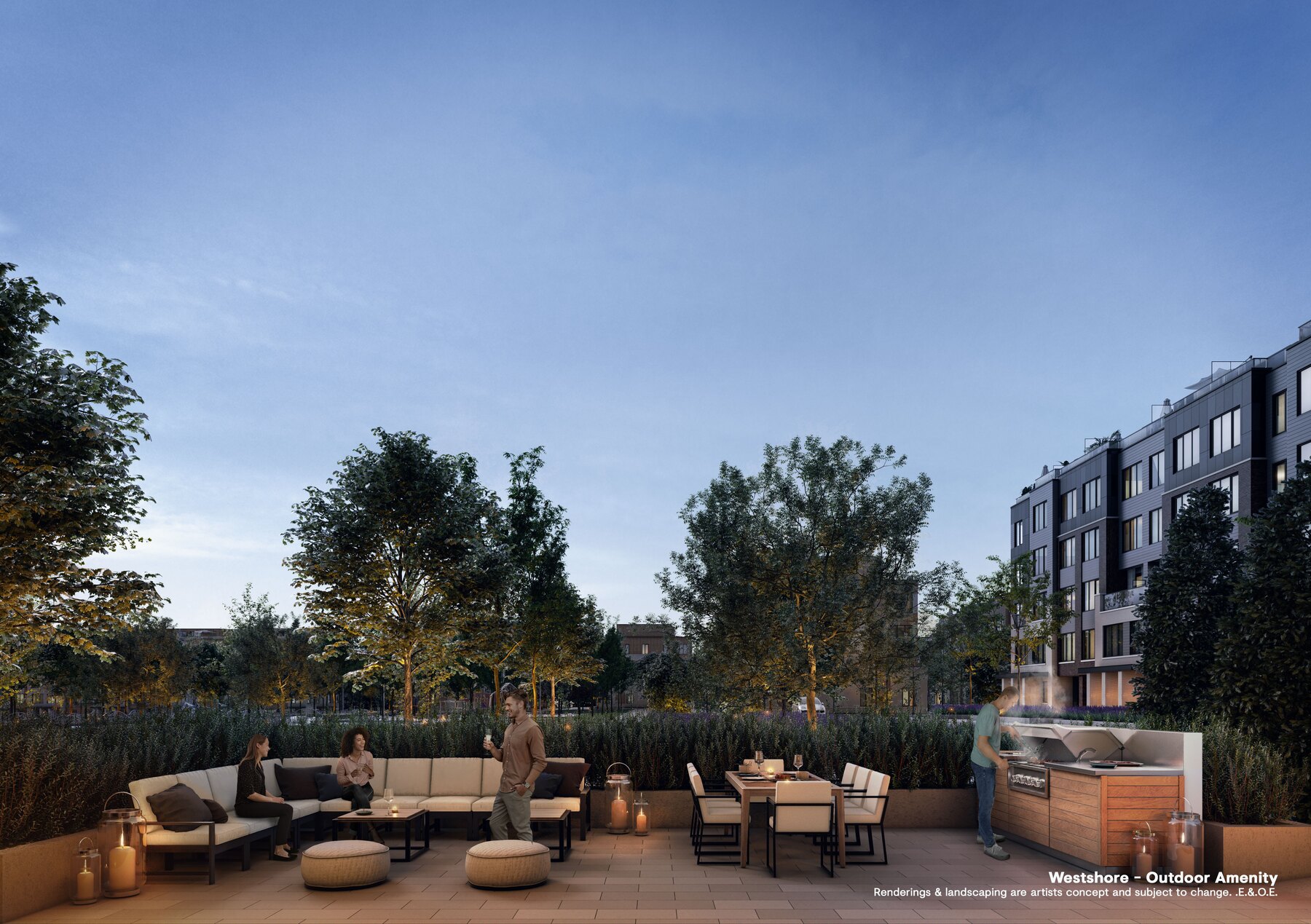 Westshore outdoor amenity area with seating, fire pits, and a barbecue station (artist's concept)