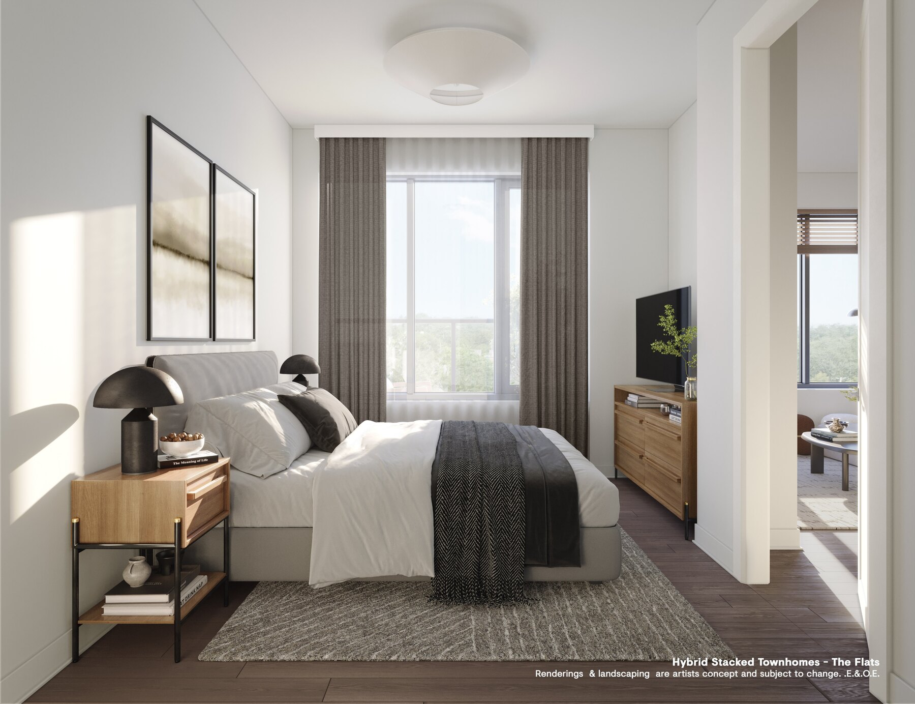 Westshore bedroom interior with a bed, nightstand, and large window (artist's concept)