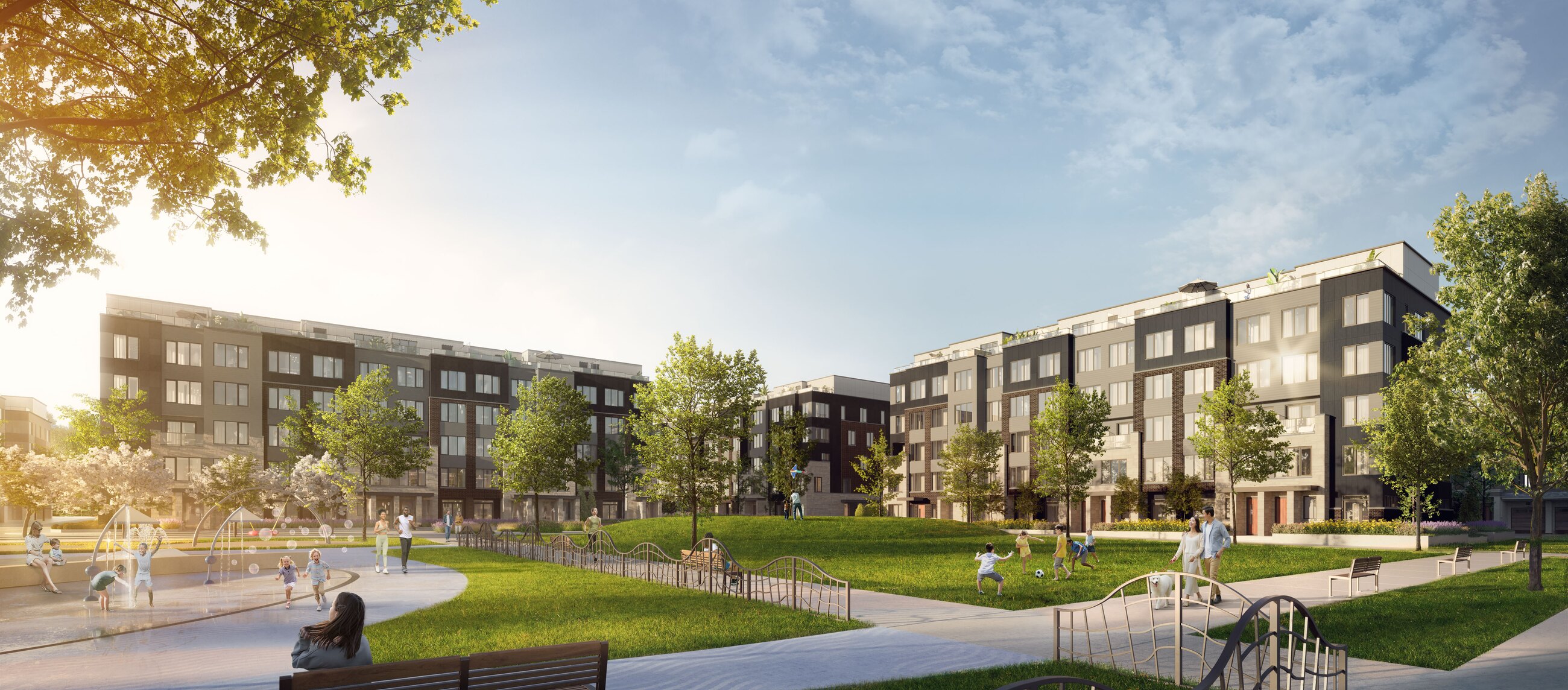 Westshore exterior view of stacked townhomes with a park and playground in the foreground (artist's concept)
