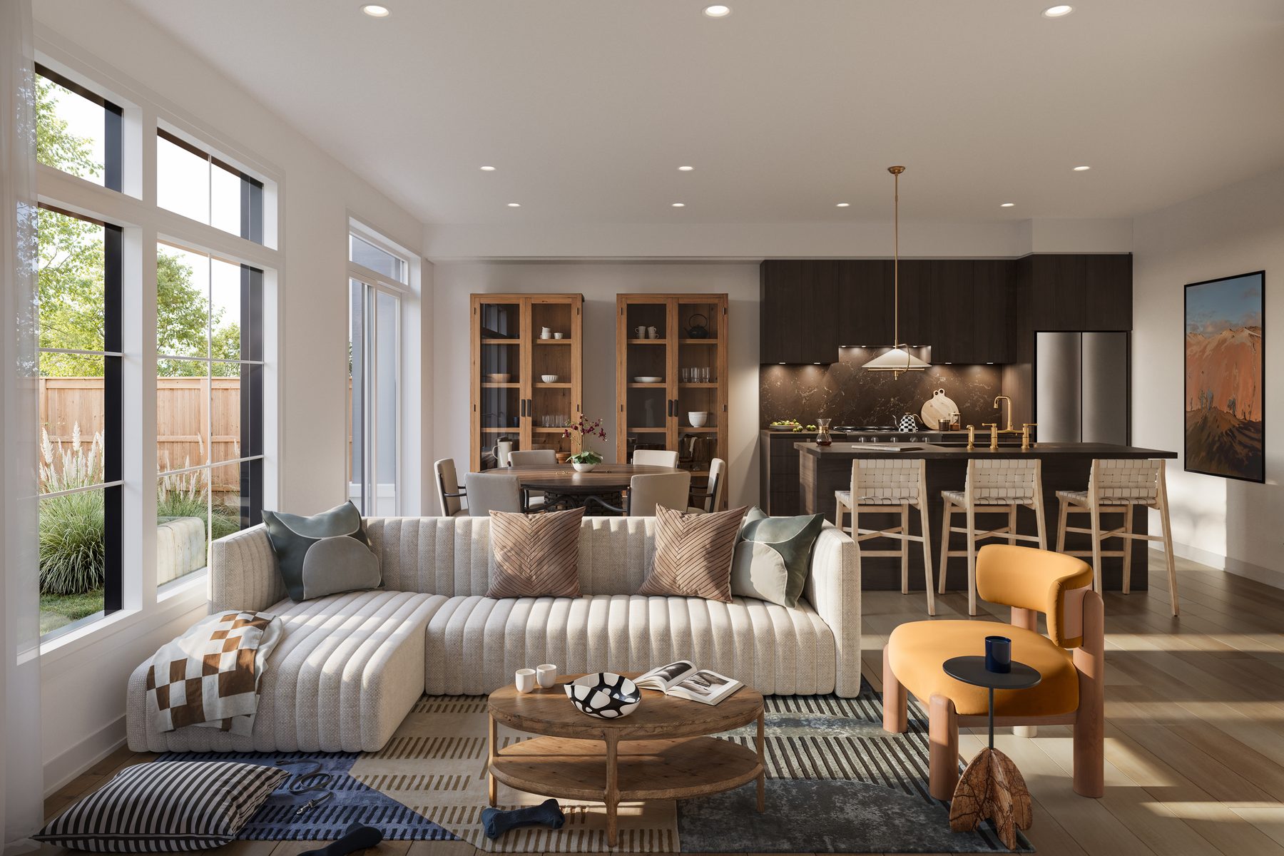 Wild Indigo interior open concept living room and kitchen (artist's concept)