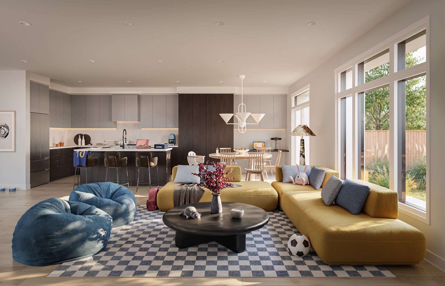 Wild Indigo interior living room with a yellow sectional sofa (artist's concept)