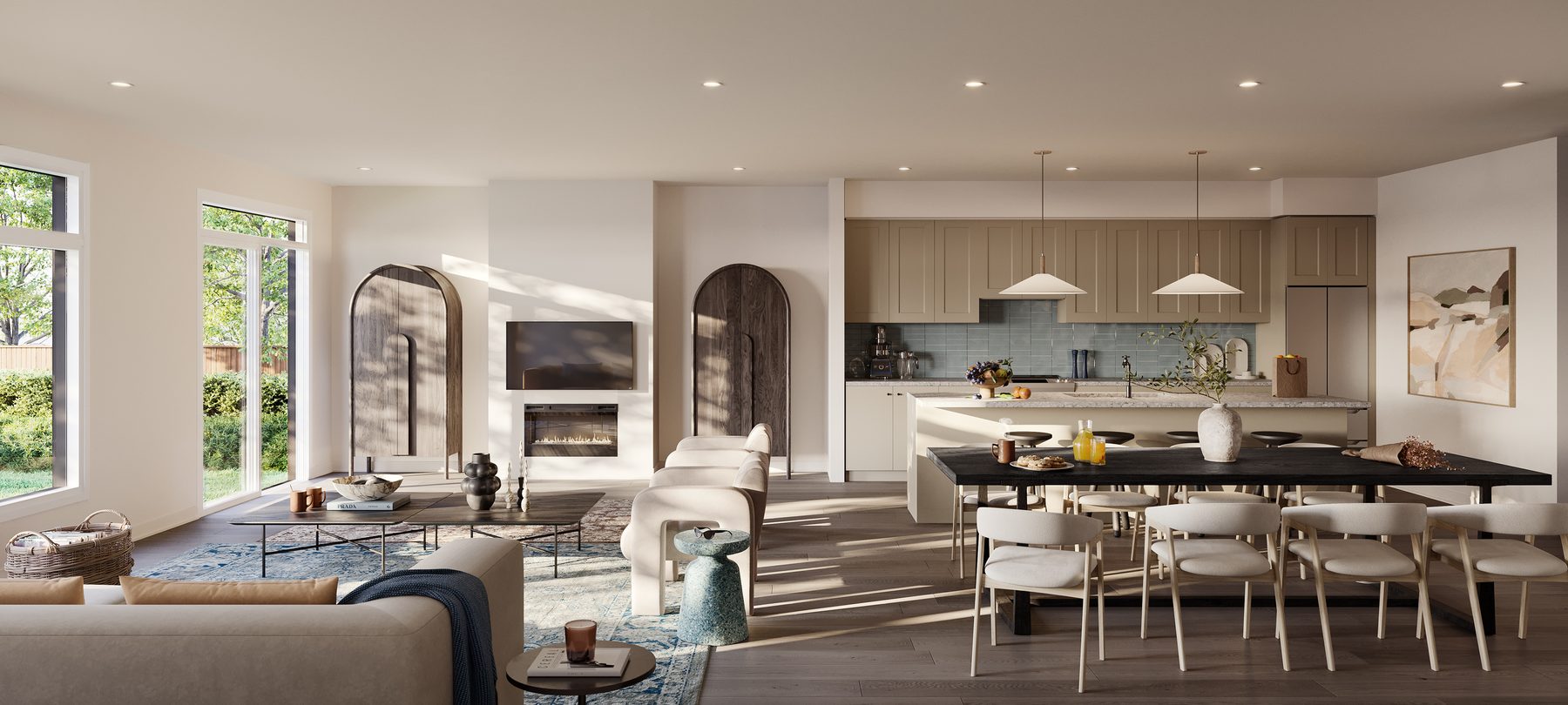 Wild Indigo interior open concept living, dining, and kitchen space (artist's concept)