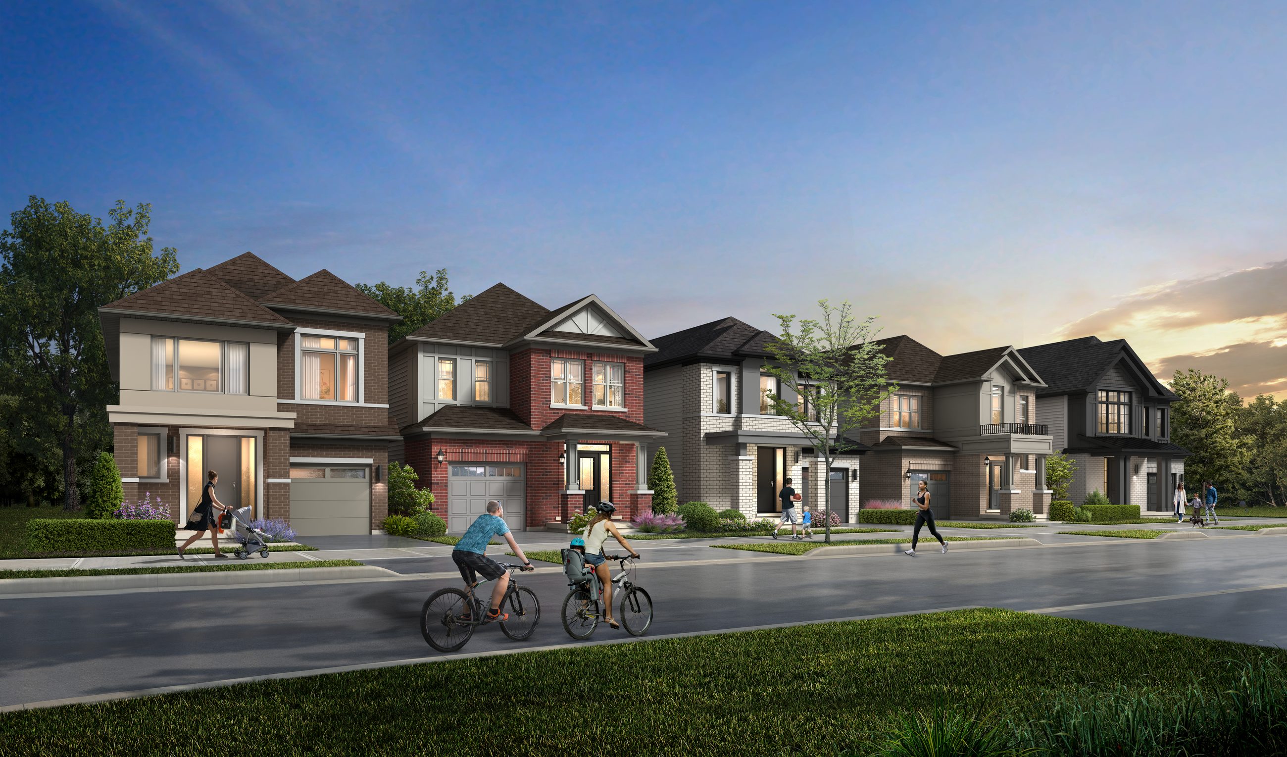 Winchester Estates exterior streetscape with townhomes and people cycling (artist's concept)